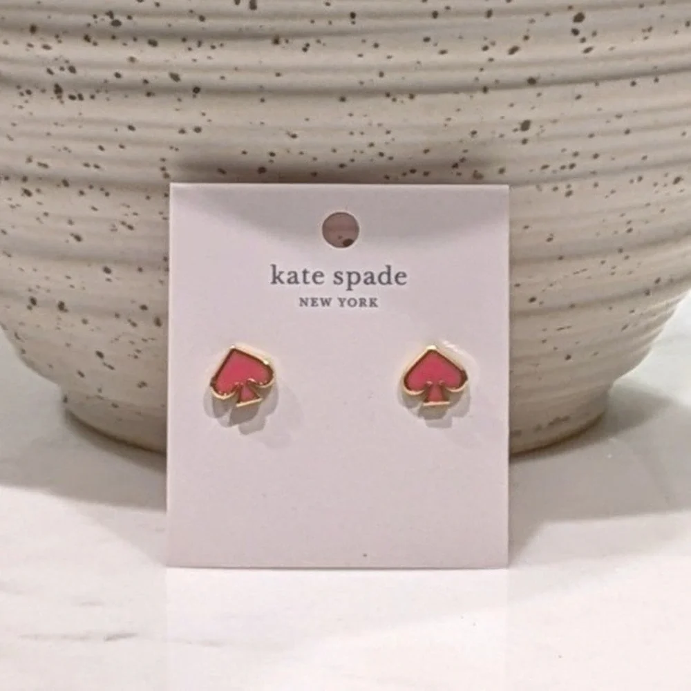 Kate Spade Everyday Spade Earrings Coral Pink Enamel Stud 12K NWT Gold Plated